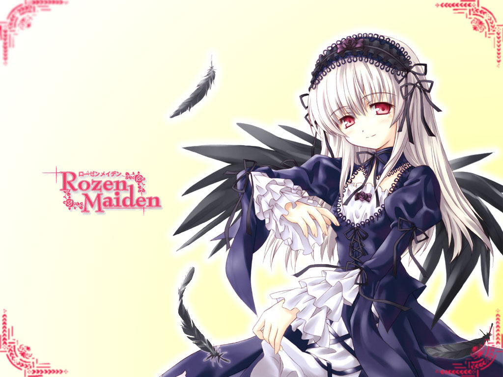 aoi_kumiko black_ribbon black_wings copyright_name cross-laced_clothes detached_collar dress feathers gothic_lolita hairband head_tilt lolita_fashion lolita_hairband long_hair long_sleeves looking_at_viewer outline pink_eyes puffy_sleeves ribbon rozen_maiden silver_hair simple_background skirt_hold smile solo suigintou upper_body wings