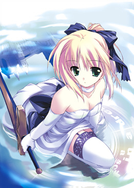 artoria_pendragon_(all) avalon_(fate/stay_night) blonde_hair breasts choker cleavage dress duplicate elbow_gloves engrish excalibur fate/stay_night fate_(series) gloves green_eyes kiba_satoshi lowres medium_breasts perspective ponytail ranguage ribbon saber sheath sheathed solo sword thighhighs weapon white_gloves white_legwear