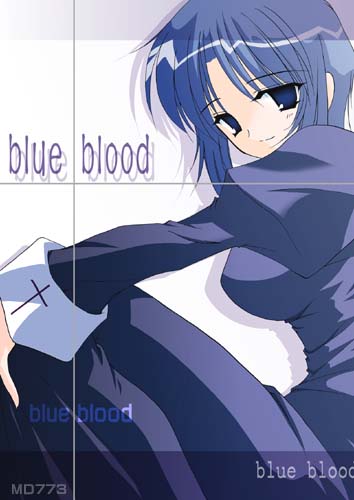 blue blue_dress blue_eyes blue_hair ciel closed_mouth cover cover_page cross_print doujin_cover dress kahara_nanami long_sleeves lowres outstretched_arm simple_background smile solo tsukihime white_background