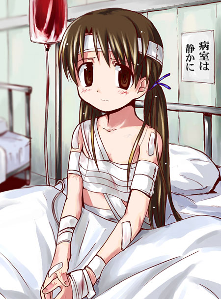 bandages bare_shoulders bed blush brown_eyes brown_hair copyright_request flat_chest hospital hospital_bed intravenous_drip long_hair pillow sad sarashi sitting solo twintails yamai
