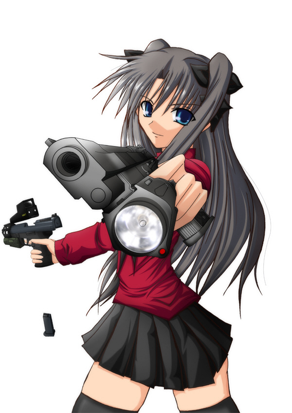 dual_wielding duplicate fate/stay_night fate_(series) gun handgun holding holding_gun holding_weapon locked_slide long_sleeves magazine_(weapon) magazine_ejection md5_mismatch pistol solo su-35_(artist) thighhighs toosaka_rin turtleneck two_side_up weapon