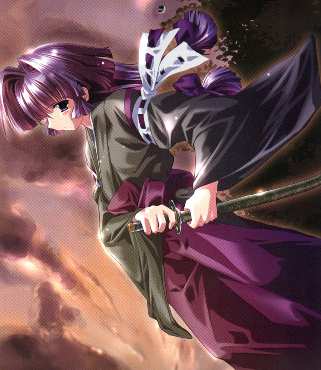japanese_clothes kamishiro_rin katana komatsu_eiji long_hair long_sleeves maburaho purple_eyes purple_hair solo sword twintails weapon