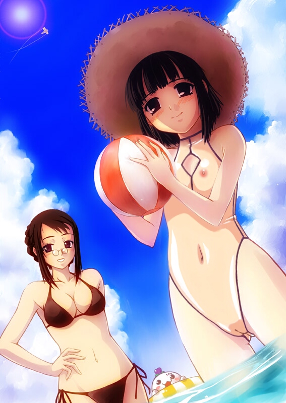 ball beach beachball bikini day glasses hat multiple_girls nipples nude see-through straw_hat sun_hat swimsuit third-party_edit water