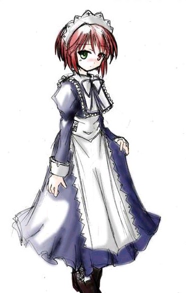 apron artist_request blue_dress blush boots brown_hair dress full_body green_eyes heterochromia long_dress long_sleeves maid maid_headdress red_eyes rozen_maiden simple_background solo souseiseki standing white_background