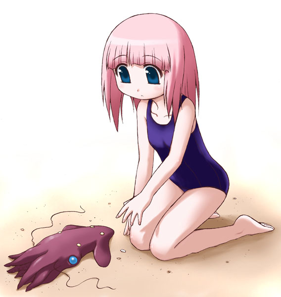 beach blue_eyes blue_swimsuit copyright_request kneeling long_hair one-piece_swimsuit pink_hair squid swimsuit yuuki_shin'ichi