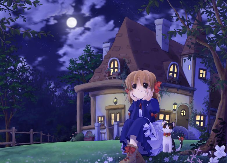 artist_request bell boots brown_hair cat cloud copyright_request dress flower full_moon grey_eyes house long_sleeves moon night outdoors ribbon shoes short_hair sitting smile tree