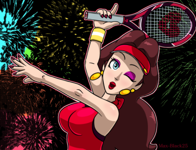 1girl arm_up breasts brown_hair donkey_kong_(series) earrings eyeshadow fireworks hand_up hat jewelry lips long_hair looking_at_viewer makeup mario_(series) mario_tennis nail_polish night night_sky nintendo open_mouth pauline ponytail pose red_skirt skirt sky solo super_mario_odyssey wink