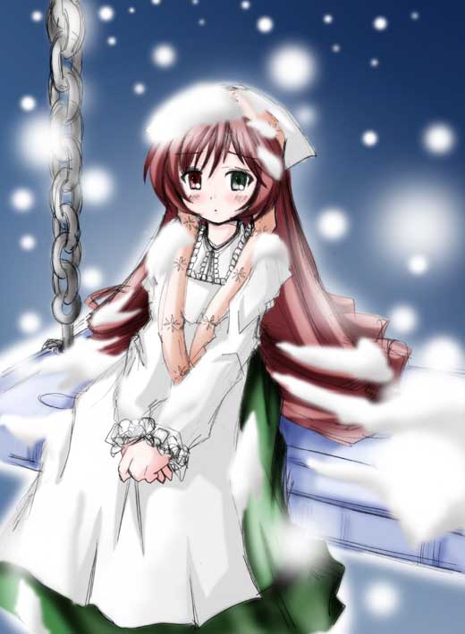 artist_request heterochromia long_hair long_sleeves rozen_maiden snow snowing solo suiseiseki very_long_hair