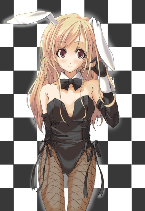 animal_ears ass_visible_through_thighs blonde_hair blush bow bowtie brown_eyes bunny_ears bunny_girl bunnysuit checkered checkered_background detached_collar elbow_gloves fishnet_pantyhose fishnets gloves long_hair luna_(reclaimed_land) maria-sama_ga_miteru pantyhose reference_work smile solo toudou_shimako wrist_cuffs