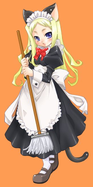 animal_ears artist_request broom cat_ears copyright_request long_sleeves maid mop solo tail