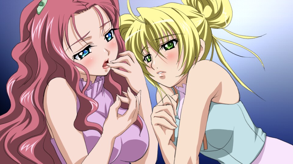 aeru ahoge arm_support armpits bangs bare_shoulders blonde_hair blue_eyes blush breasts casual eye_contact finger_in_mouth fingernails frills gradient gradient_background green_eyes hair_between_eyes hair_intakes hair_ornament hairclip hands head_tilt large_breasts leaning_forward lipstick long_fingernails long_hair looking_at_another makeup multiple_girls neck_ribbon neviril open_mouth parted_lips pink_hair profile ribbon sanshita shirt short_hair simoun sleeveless turtleneck untied upper_body wavy_hair yuri