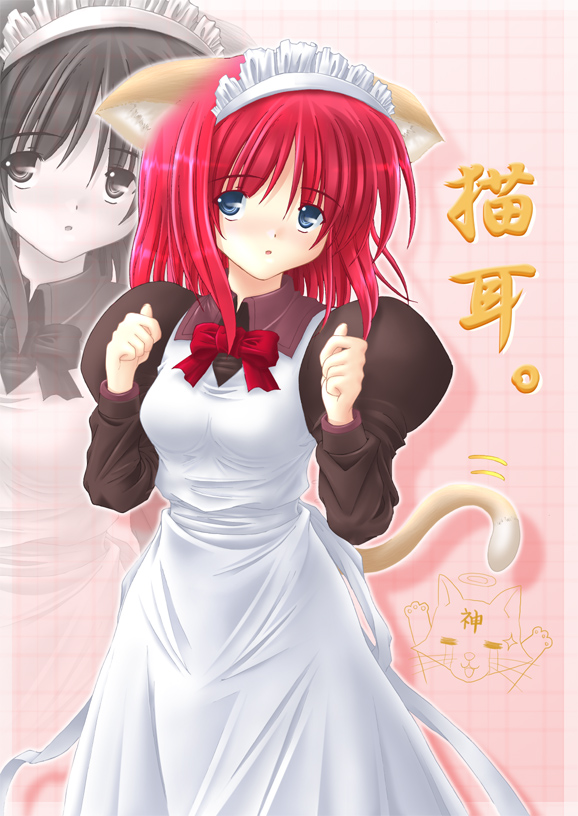 =_= animal_ears apron artist_request blue_eyes cat cat_ears cat_tail halo hisui long_sleeves maid red_hair short_hair solo tail tears tsukihime