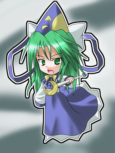 blue_jacket blue_skirt bow chibi green_eyes green_hair hat jacket kukyo long_hair long_sleeves lowres mima scepter simple_background skirt solo touhou touhou_(pc-98) wizard_hat