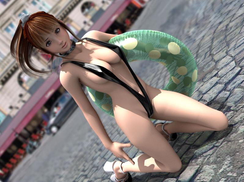 3d cocoa_(character) collar high_heels incise_soul m-rs ponytail sandals shoes slingshot_swimsuit solo swimsuit