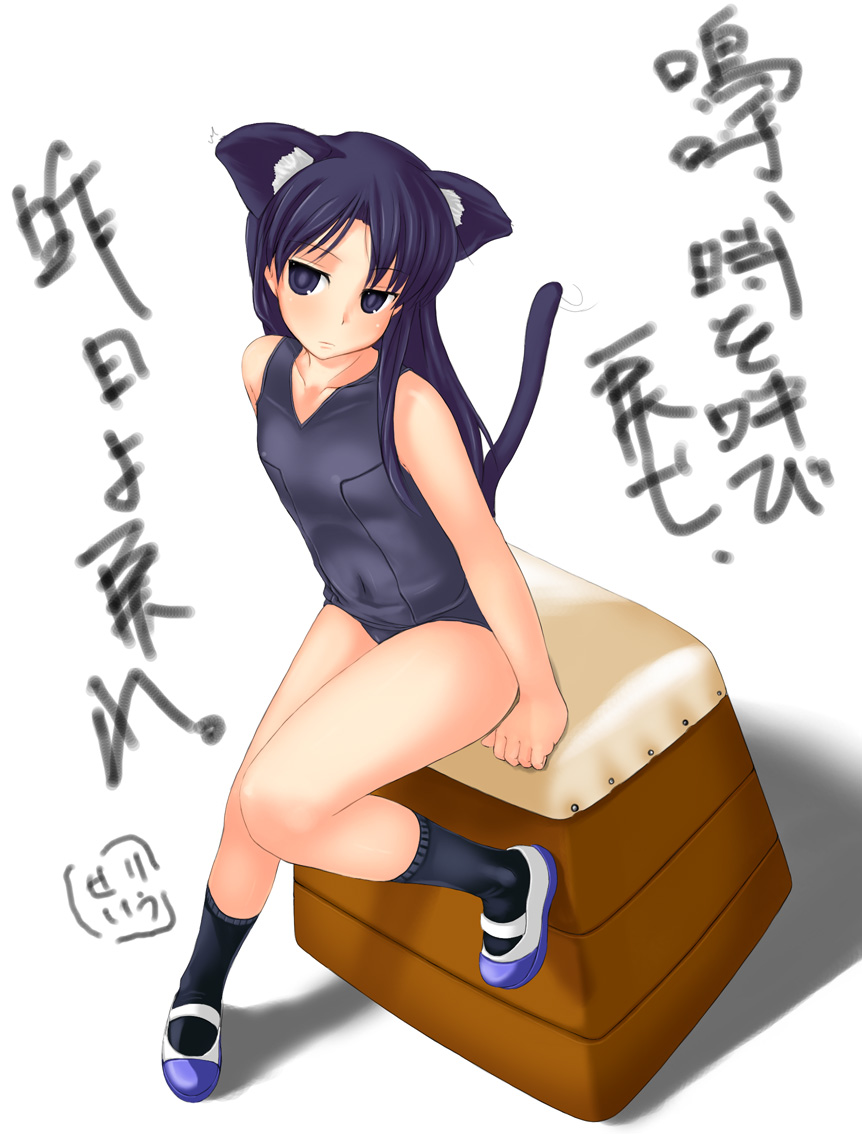 animal_ears black_legwear blue_eyes blue_hair cat_ears copyright_request itou_ryuusei long_hair one-piece_swimsuit school_swimsuit shoes sitting socks solo source_request swimsuit tail translation_request uwabaki vaulting_horse