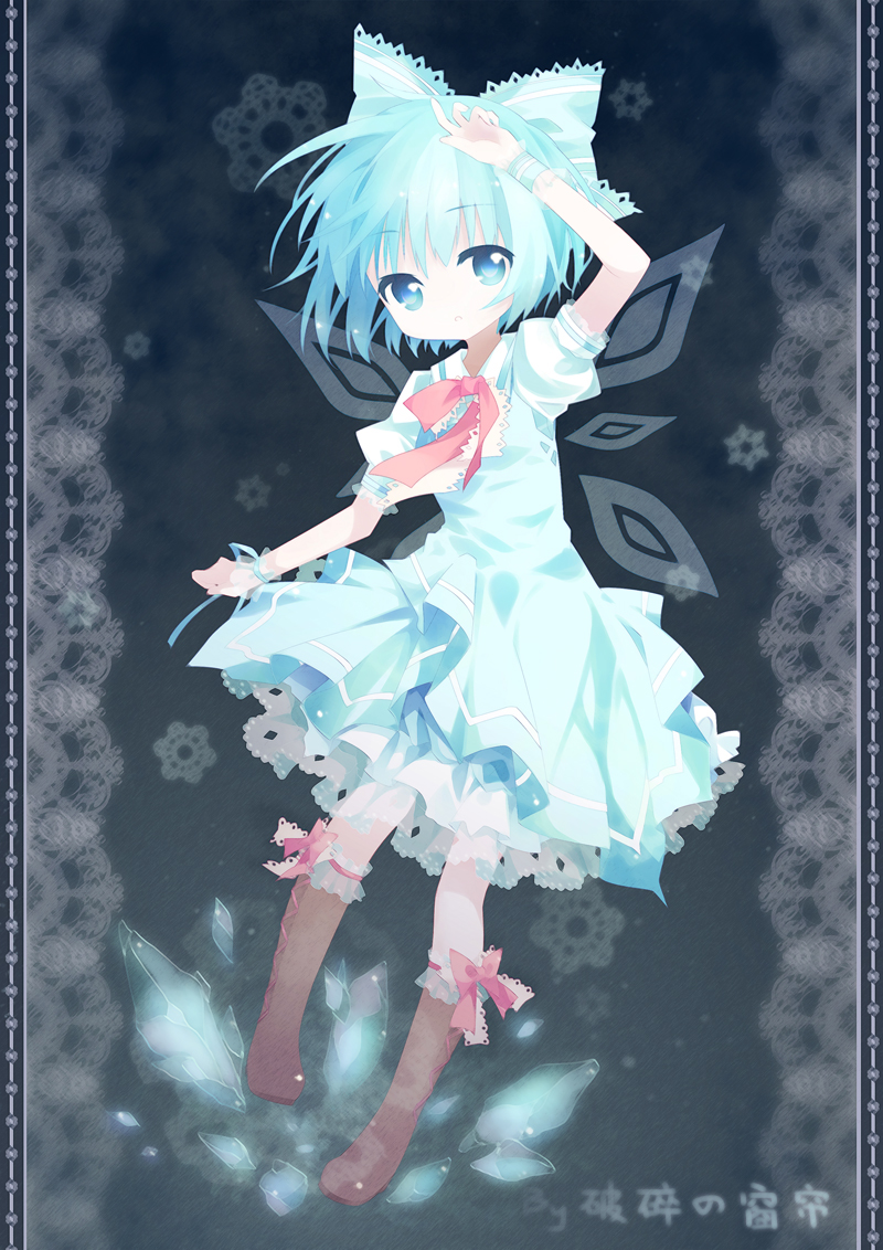 aqua_hair arm_up blue_eyes boots bow cirno cross-laced_footwear curtain_(posuinochuanglian) dress hair_bow ice lace lace-up_boots large_bow no_nose petticoat short_hair solo touhou wings wrist_cuffs