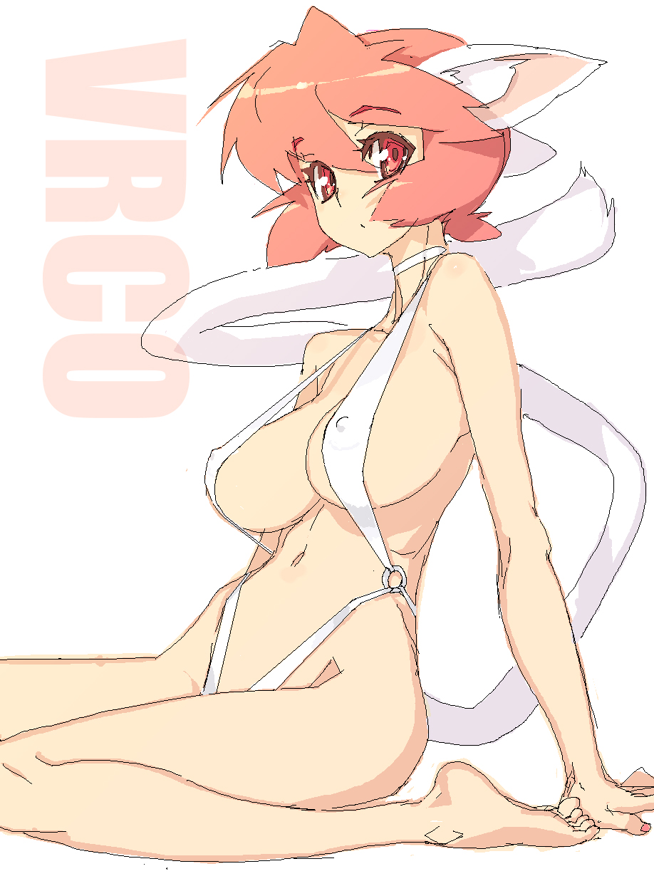 aliasing animal_ears bangs bare_shoulders barefoot breasts cat_ears cat_tail choker cleavage collarbone covered_nipples feet groin highres large_breasts navel oekaki original red_eyes red_hair short_hair simple_background slingshot_swimsuit solo swimsuit tail vrco vrkdh