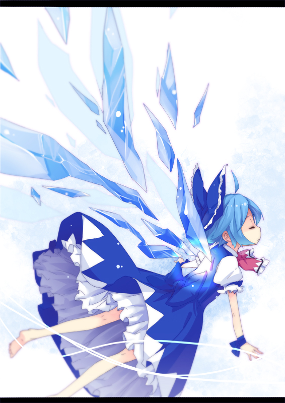 ahoge bad_id bad_pixiv_id barefoot blue_hair bow cirno closed_eyes dress feet flying glowing hair_bow ice jong_tu large_bow letterboxed outstretched_arms petticoat profile ribbon solo spread_arms touhou wings wrist_ribbon