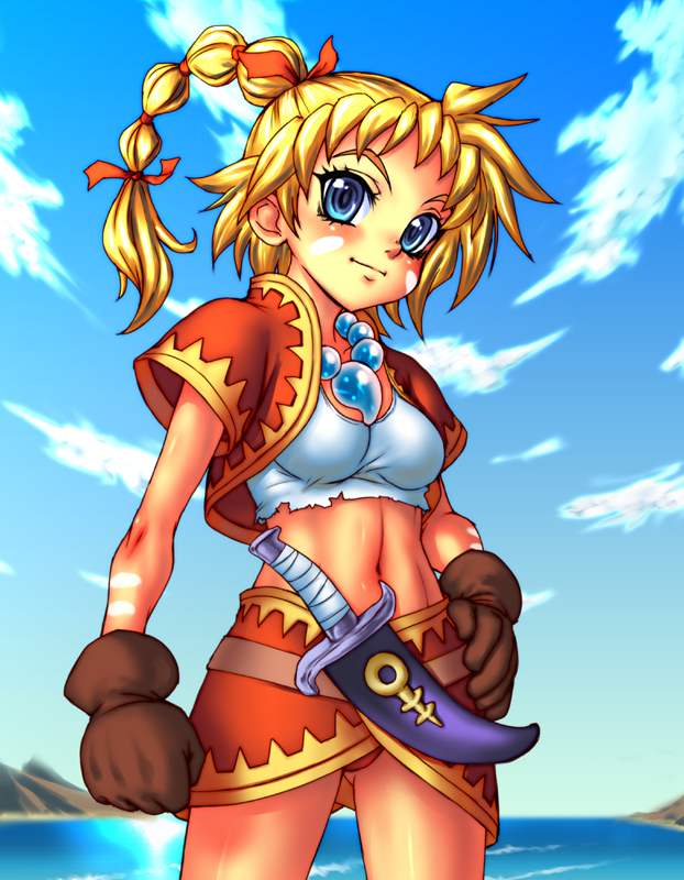 blonde_hair blue_eyes breasts chrono_(series) chrono_cross cloud commentary_request dagger day gloves jacket jewelry kid_(chrono_cross) long_hair medium_breasts midriff miniskirt multi-tied_hair necklace ocean outdoors ponytail rokko skirt sky solo tank_top water weapon