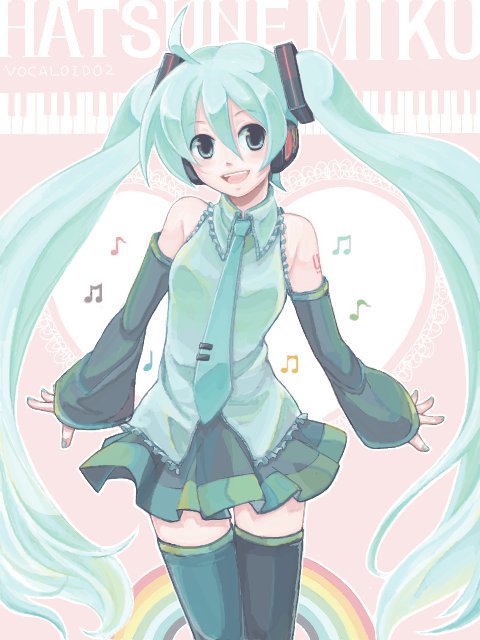 325 ahoge blue_eyes blue_hair detached_sleeves hatsune_miku heart long_hair musical_note necktie rainbow skirt smile solo thighhighs twintails very_long_hair vocaloid