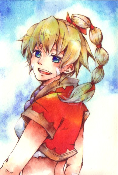 blonde_hair blue_eyes chrono_cross facial_mark high_ponytail jewelry kid_(chrono_cross) looking_at_viewer michibata_65 midriff multi-tied_hair necklace open_mouth ponytail ribbon short_hair smile solo vest