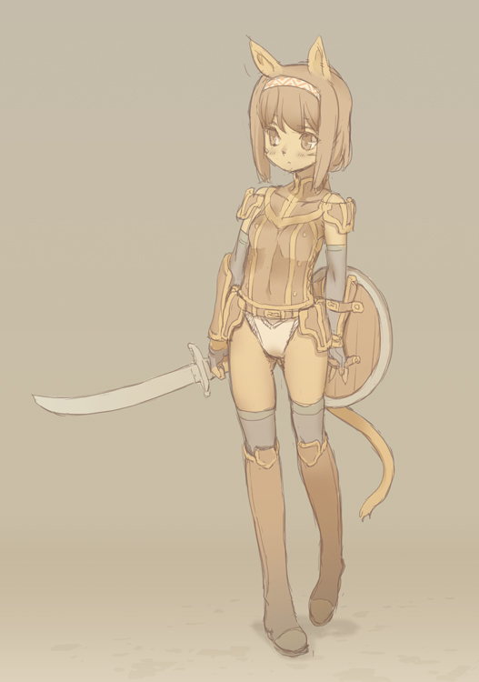 animal_ears bad_id bad_pixiv_id blade_(galaxist) brown_eyes brown_hair cat_ears final_fantasy final_fantasy_xi mithra shield solo sword tail weapon
