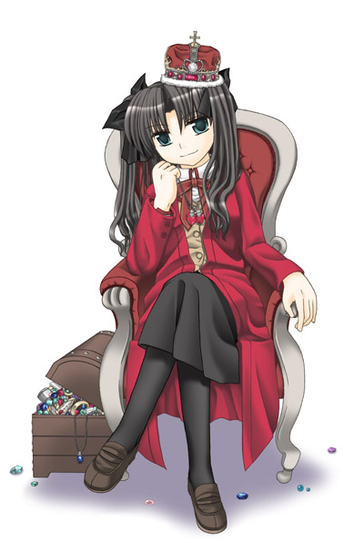 black_hair blue_eyes chin_rest coat crossed_legs crown fate/stay_night fate_(series) gem hat kanzaki_karuna long_sleeves pantyhose red_coat sitting solo throne toosaka_rin treasure_chest two_side_up