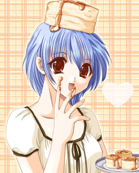 :d artist_request bisuke-tan blouse blue_hair food food_on_finger food_on_head honey kfc looking_at_viewer object_on_head open_mouth orange_eyes pancake plaid plaid_background plate short_sleeves simple_background smile solo upper_body