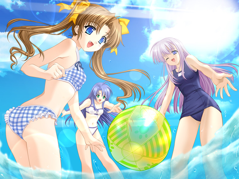 artist_request ass ball beachball bikini blue_hair brown_hair day fang green_eyes konoe_nanami lamune long_hair multiple_girls nakazato_hikari one-piece_swimsuit one_eye_closed plaid plaid_bikini purple_hair swimsuit tomosaka_suzuka twintails