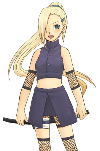 :d bandages bangs bare_shoulders bike_shorts blonde_hair blue_eyes blush breasts buttons cowboy_shot crop_top earrings elbow_pads fishnets hair_ornament hair_over_one_eye hairclip half-skirt halterneck high_ponytail holding jewelry katana knee_pads long_hair midriff naruto_(series) naruto_shippuuden ninja open_mouth pencil_skirt ponytail pouch sheath sheathed simple_background skirt small_breasts smile solo standing sword teramoto_kei thigh_pouch thigh_strap turtleneck very_long_hair weapon white_background yamanaka_ino