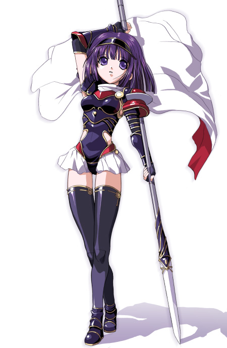 armor black_legwear cape character_request copyright_request csy gloves hairband miniskirt polearm purple_eyes purple_hair shoes short_hair skirt solo spear thighhighs weapon zettai_ryouiki