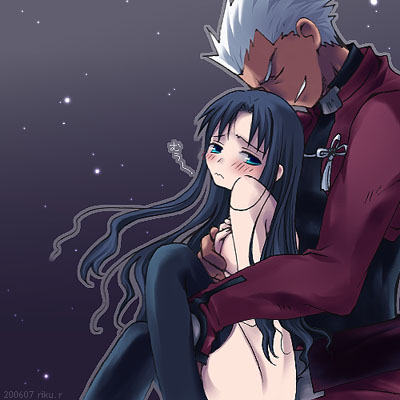 1girl archer clothed_male_nude_female dark_skin dark_skinned_male fate/stay_night fate_(series) long_sleeves lowres nude riku_r thighhighs toosaka_rin
