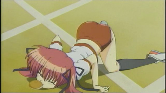 all_fours anpan bent_over bread bread_eating_race buruma closed_eyes food food_in_mouth gym_uniform hair_ribbon kneehighs konoe_sunao midriff mouth_hold red_hair ribbon screencap shoes sneakers socks solo sports_festival toast toast_in_mouth top-down_bottom-up tsuyokiss twintails