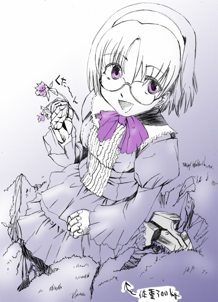 aiko_(renkin_san-kyuu_magical_pokaan) glasses kazumiya_akira long_sleeves monochrome purple renkin_san-kyuu_magical_pokaan solo spot_color