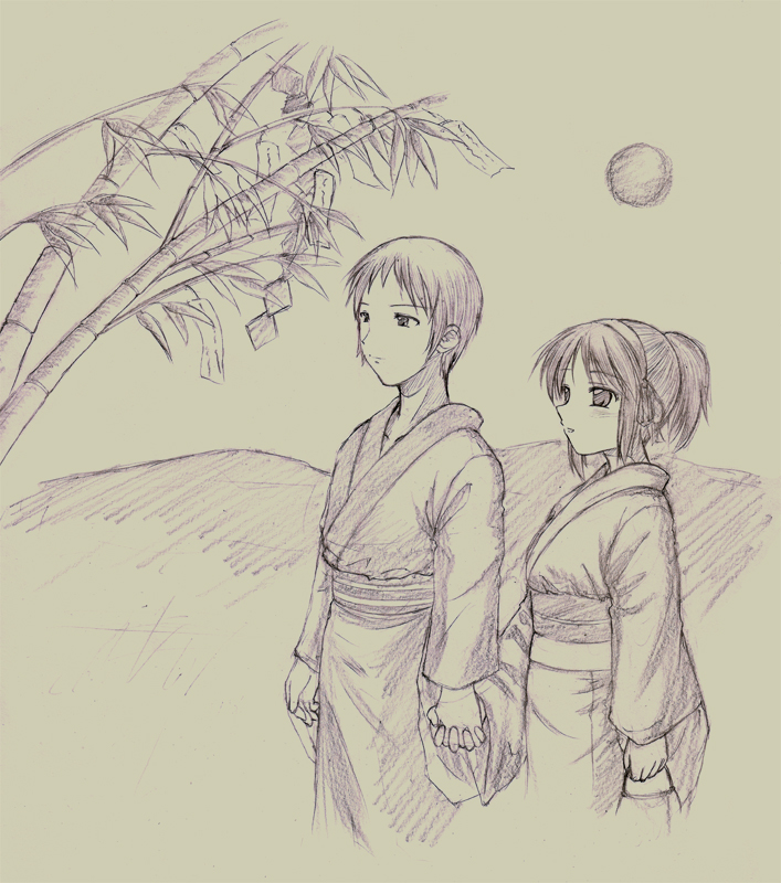 1girl bamboo graphite_(medium) holding_hands japanese_clothes kimono kinagi_yuu kyon monochrome purple suzumiya_haruhi suzumiya_haruhi_no_yuuutsu tanabata tanzaku traditional_media yellow yukata