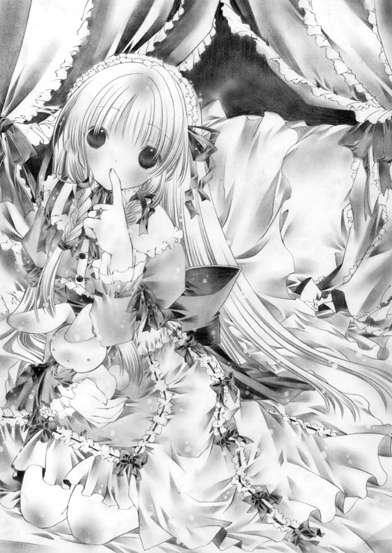 bangs bed blunt_bangs blush body_blush bow braid copyright_request dress finger_to_mouth frilled_dress frilled_shirt_collar frills greyscale hairband jewelry lolita_fashion lolita_hairband long_hair long_sleeves looking_at_viewer monochrome moo_(umineko) ribbon-trimmed_clothes ribbon-trimmed_sleeves ribbon_trim ring side_braid sitting solo stuffed_animal stuffed_bunny stuffed_toy twin_braids