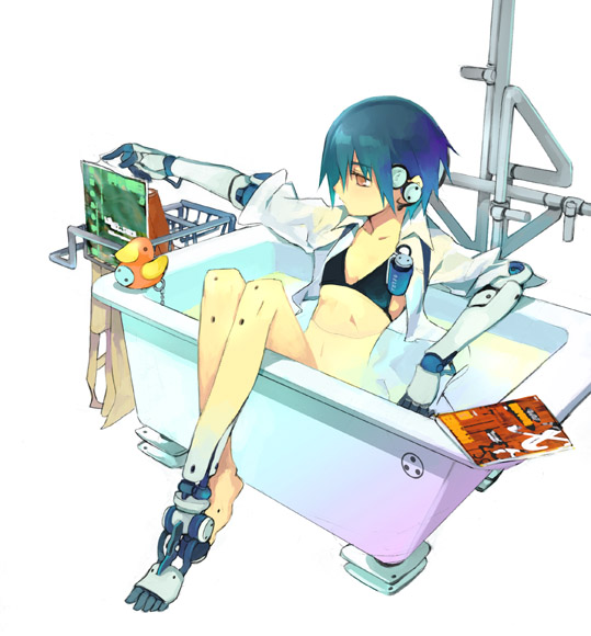 android bath bathtub bikini blue_hair brown_eyes cyborg headphones ninomoto original solo swimsuit