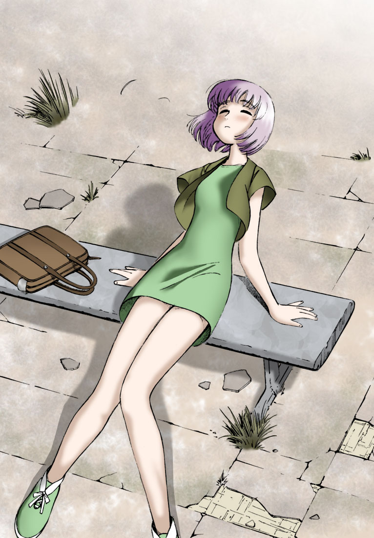 outdoors peaceful purple_hair short_hair sitting solo takatsu_kokone yokohama_kaidashi_kikou
