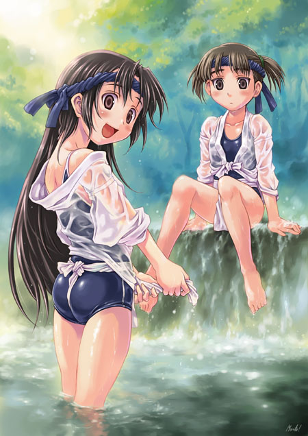 barefoot black_hair brown_eyes brown_hair feet fundoshi hands japanese_clothes long_hair long_sleeves maruto! multiple_girls no_pants one-piece_swimsuit original school_swimsuit sitting sleeves_rolled_up swimsuit swimsuit_under_clothes wading water wet wet_clothes wringing_clothes yamakasa