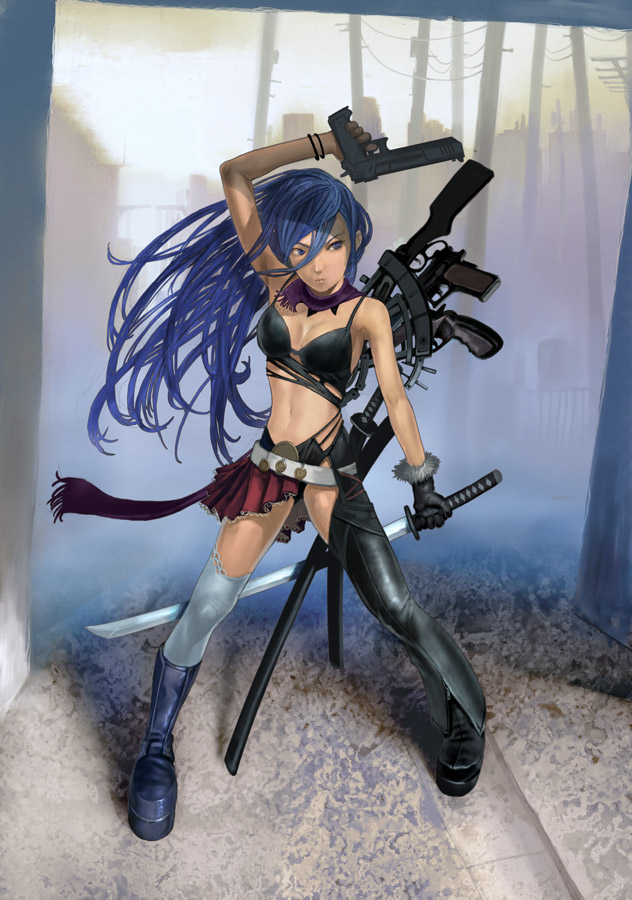 artist_request blue_eyes blue_hair copyright_request desert_eagle gun handgun katana lever_action midriff pistol revolver solo sword weapon