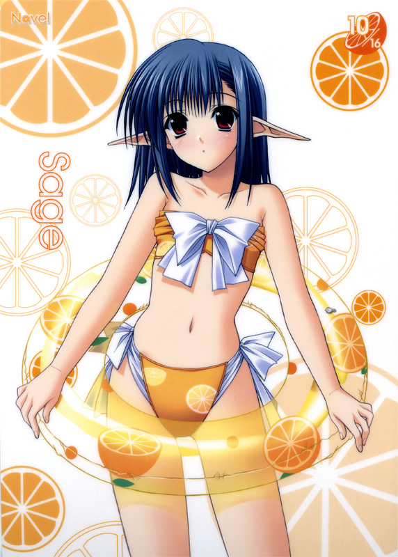 bandeau bikini blue_hair blush flat_chest food food_themed_clothes fruit innertube navel navel_(company) official_art orange orange_(color) orange_slice pointy_ears red_eyes sage_(tick!_tack!) shuffle! side-tie_bikini solo strapless suzuhira_hiro swimsuit tick!_tack! tubetop