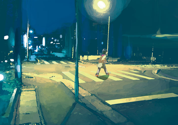 artist_request blue_background city contemporary copyright_request crosswalk night outdoors solo