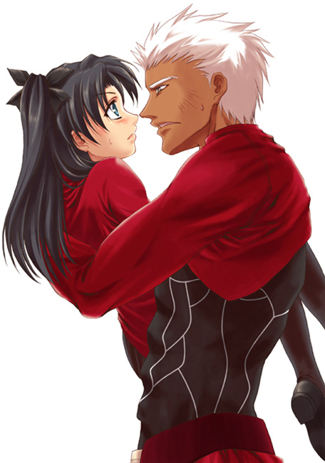 1girl archer artist_request black_legwear blonde_hair blue_eyes blush brown_eyes brown_hair carrying dark_skin dark_skinned_male fate/stay_night fate_(series) from_behind loafers long_sleeves looking_at_another parted_lips person_carrying princess_carry shoes sweatdrop thighhighs toosaka_rin turtleneck two_side_up uniform