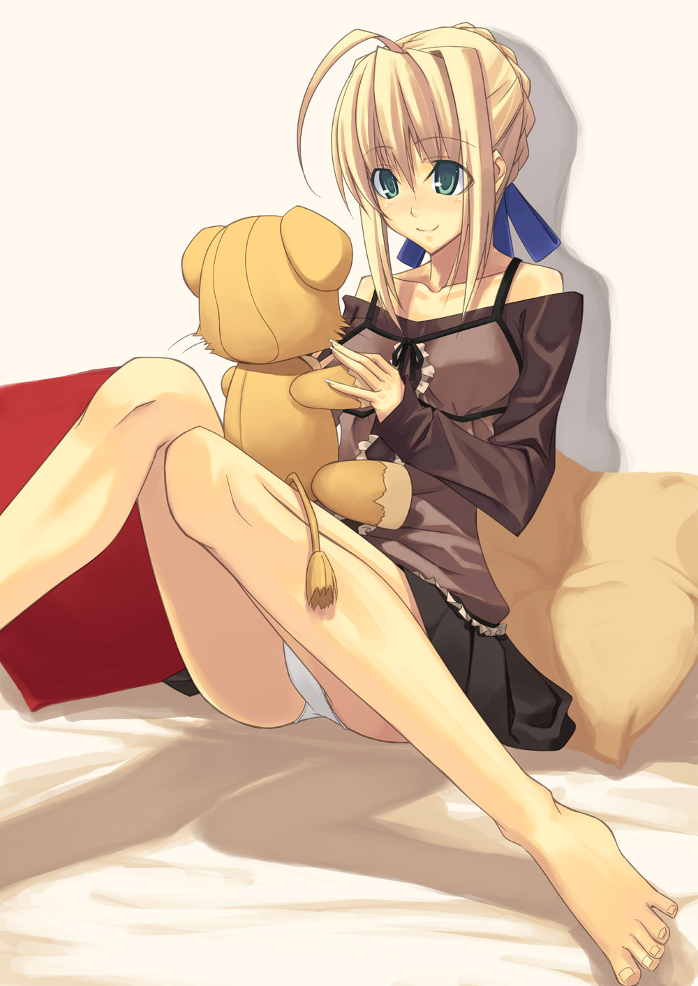 artoria_pendragon_(all) bare_shoulders barefoot bed blonde_hair blouse bow casual collarbone doujinshi fate/stay_night fate_(series) feet green_eyes hair_bow highres lion long_hair long_legs long_sleeves on_bed panties pantyshot pantyshot_(sitting) pillow pleated_skirt saber shingo_(missing_link) sitting skirt smile solo stuffed_animal stuffed_lion stuffed_toy toes underwear white_panties