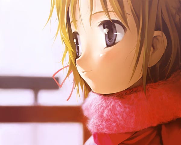 blonde_hair blue_eyes brown_hair copyright_request ishikei light_smile scarf short_hair solo