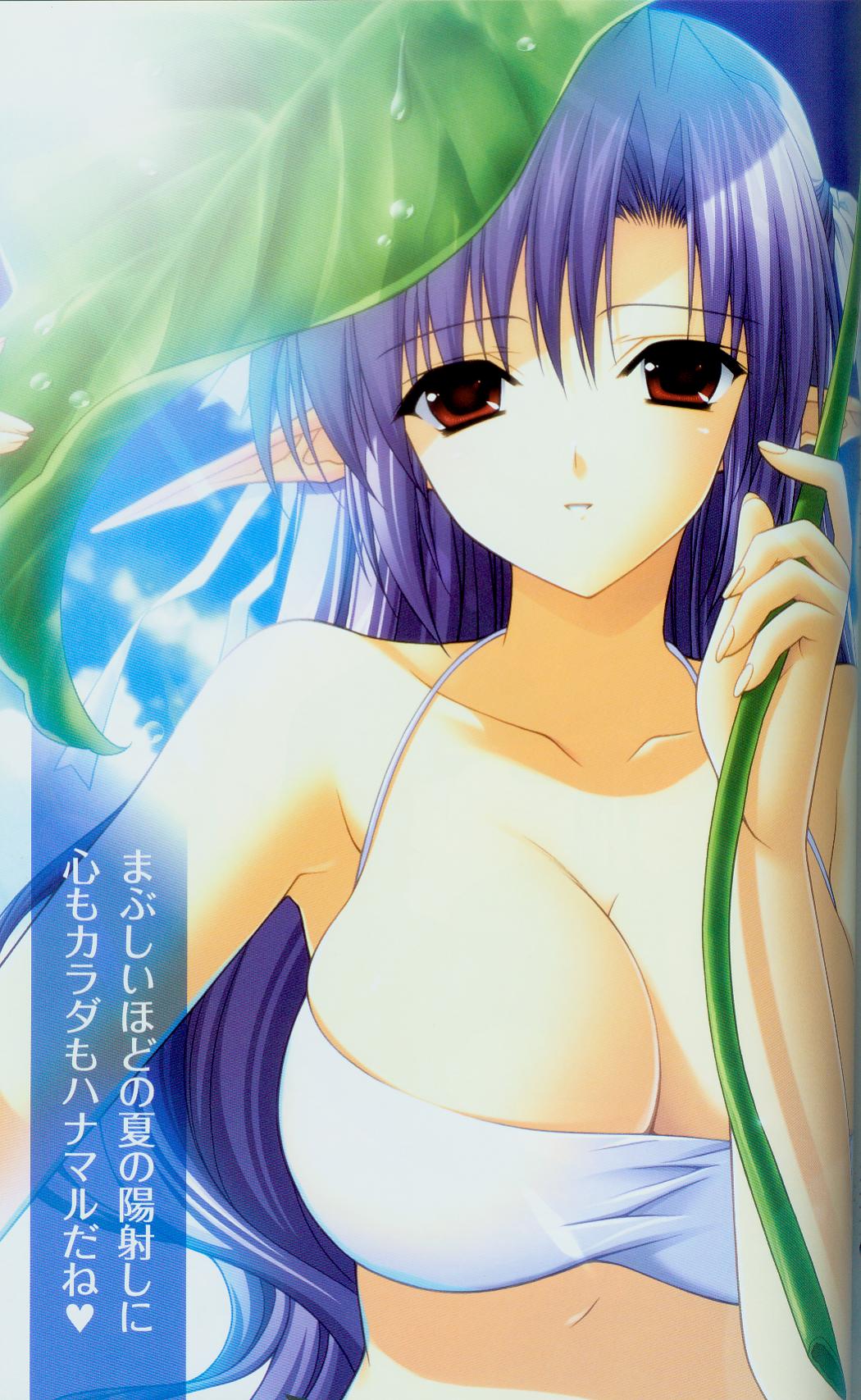 ai_(tick!_tack!) bikini breasts cleavage highres large_breasts long_hair navel official_art pointy_ears purple_hair red_eyes scan shuffle! solo suzuhira_hiro swimsuit tick!_tack! translation_request