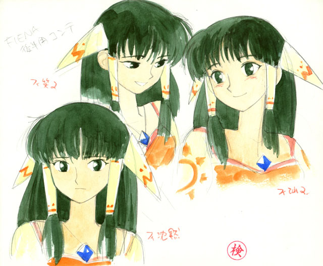 90s artist_request blush dark_green_hair evil_smile expressionless face feena_(grandia) grandia grandia_i green_eyes green_hair grin hair_tubes head_scarf looking_at_viewer sketch smile upper_body