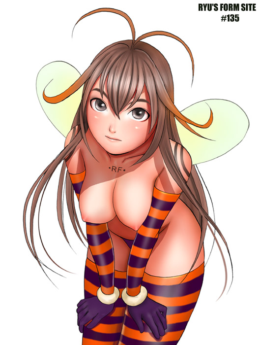 antenna_hair artist_name bee_girl breasts cowboy_shot elbow_gloves expressionless fairy_wings gloves gradient_hair hair_between_eyes insect_girl large_breasts leaning_forward monster_girl multicolored_hair nipples no_bra no_panties orange_hair original ryu_(ryu's_former_site) simple_background solo striped striped_gloves striped_legwear tattoo thighhighs topless white_background wings