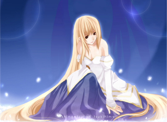 archetype_earth arcueid_brunestud bare_shoulders blonde_hair breasts cleavage collarbone detached_sleeves dress duplicate formal kurot long_hair long_sleeves looking_to_the_side medium_breasts red_eyes sitting smile solo strapless strapless_dress tsukihime