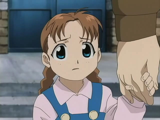1girl blue_eyes brown_hair collared_shirt face fullmetal_alchemist holding_hands long_sleeves nina_tucker out_of_frame outdoors parted_lips pink_shirt screencap shirt short_hair solo_focus stairs upper_body